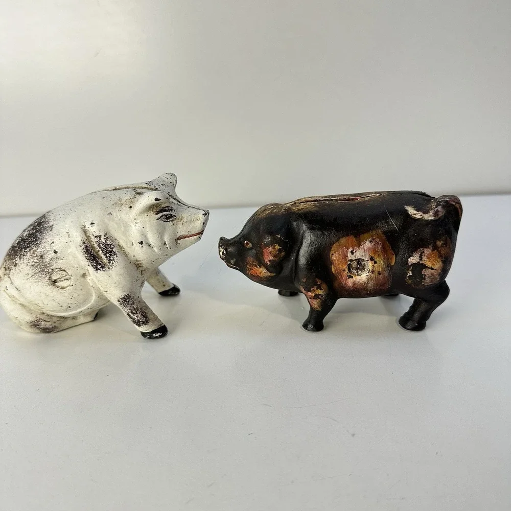 Vintage Cast Iron Pig Bank Doorstops x2 White and Black 4
